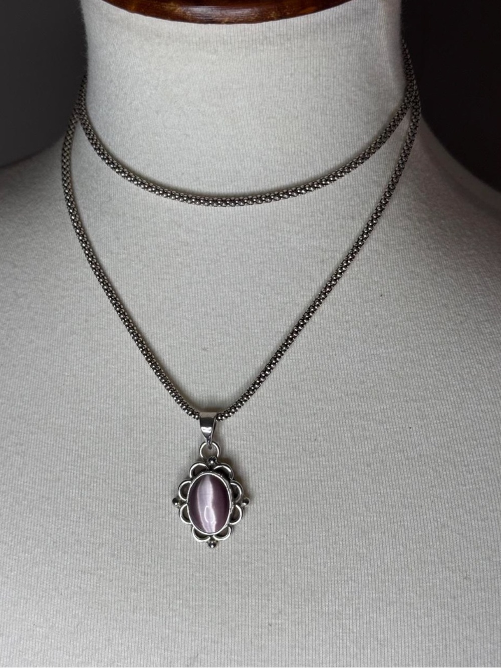 Vintage MLX 925 Purple Cats Eye Silver Necklace Made in Mexico